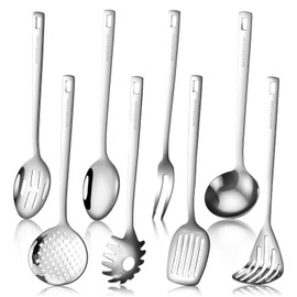 MAXCOOK 18/8 Stainless Steel Cooking Utensil set, 8 Pieces Metal Kitchen Utensils set, Slotted Spoon,Meat Fork,Ladle,Skimmer,Spatula,Spaghetti Server,Large Spoon,Masher (Dishwasher Safe, Silver)