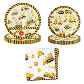 WODJR 52Pcs Construction Tableware Construction Birthday Party Supplies Construction Dinnerware Construction Plates Napkins Truck Tableware Truck Dinnerware for Construction Birthday Party Decorations