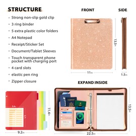 Ospelelf Leather Portfolio Folder, 3 Ring Binder with Storage clipboard, fits Letter Size Paper, with refillable Notepad, 5 Extra Folder Divider Pages, Zipper Closure, Faux Rose Gold Leather