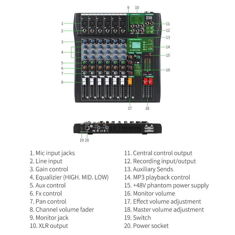 XTUGA Audio Mixer 6 Channel Sound Mixer Board, Audio Interface,