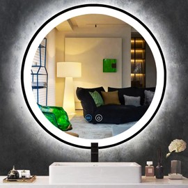 MEIOUKA 16 Inch Black Bathroom Round LED Mirror with Light Black Frame Lighted Vanity Round Mirror for Bathroom Wall Mounted Circle Round Light up Mirror 3 Color AntiFog 16" Black Round Lighted Mirror