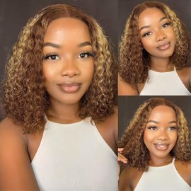 Glueless Wigs Human Hair Pre Plucked Pre Cut 4/27 Highlight Ombre Honey Blonde Curly Bob Wig Human Hair for Beginners 5x5 Deep Wave Lace Closure Glueless Wigs for Black Women 10 Inch