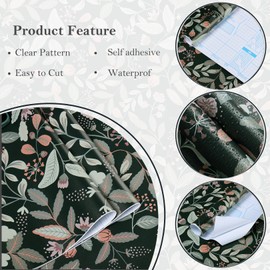 Ismoon Floral Peel and Stick Wallpaper Black Contact Paper Leaf Wallppaer Black/Pink Buds Floral Stick on Wallppaer Self Adhesive Wallppaer Removable Vinyl Wallpaper for Cabinet 16.1x196in