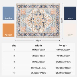 Washable Area Rugs 8x10 Living Room Boho Non Slip Thin Carpet Stain Resistant Vintage Multicolor Printed Oriental Distressed Rug for Bedroom Low Pile