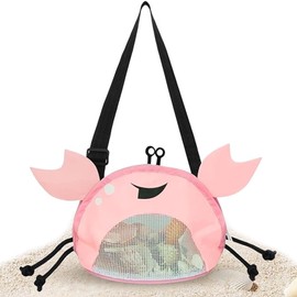 Mezrkuwr Netz Strandtasche für Kinder, Muschel Sammeltasche, krabbförmig Muscheltasche, verstellbarer Riemen zum Halten von Muscheln, Meer, Pool, Sandspielzeug, Rosa