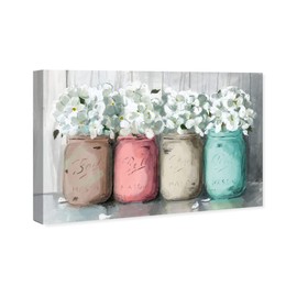 Wynwood Studio Botanical Wall Art Canvas Prints 'Mason Jar Turquoise' Florals Home Décor, 36" x 24", White, Pink