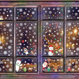 WALPLUS Christmas Window Stickers Clings Xmas Decoration Sale Clearance Reusable Double-Sided Print Decals for Glass Living Room Windows Display Santa Friends with Snowflakes 334 Pieces