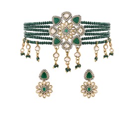 I Jewels Womens 18K Gold Plated Indain Wedding Bollywood Stone Studded & Beaded Choker Necklace Jewellery Set (K7206G) Green