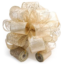 Traico Christmas Tree Topper Bow - Bow: 11" sq. - Tails: 3 Yards Long Each - Champagne Snowflake