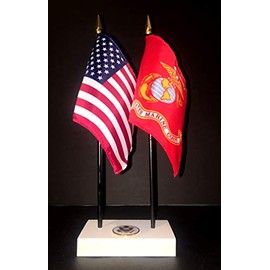 1 American and 1 United States Marine Corps Rayon 4x6 Inch Office Desk & Little Table Flag Executive Set, Includes a 2-hole White ArcticSno Flag Base with a USA Great Seal and 2 Flags, Made in USA