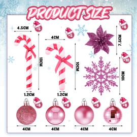 Harrycle 50 Pcs Christmas Tree Decorations Christmas Baubles Small Ball Ornaments Artificial Glitter Snowflake Decorative Poinsettia Flowers Candy Cane for Xmas Tree Topper Outdoor Home (Pink)
