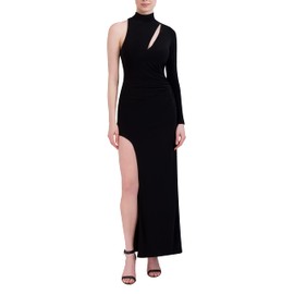 BCBGMAXAZRIA Women's Bodycon Floor Length Evening Gown One Long Sleeve Mock Neck Shirred Cut Out Side Slit, Black, XX-Small