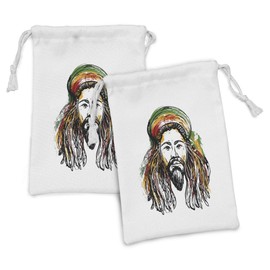 Ambesonne Rasta Fabric Pouch Set of 2, Rasta Man Jamaican Island Theme Reggae Folk Culture Concept Sketchy Portrait Image, Small Drawstring Bag for Toiletries Masks and Favors, 9" x 6", Multicolor