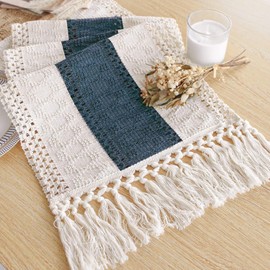 FEXIA Camino de mesa bohemio azul de 72 pulgadas de largo con borlas, estilo macramé de granja, para fiestas rústicas, bodas, baby shower, decoración de comedor (12x72 pulgadas)