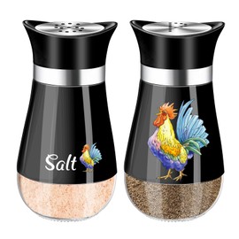 Salt and Pepper Shakers Set, 4 oz Black Kitchen Decor, Stainless Steel & Glass Spice Dispenser Classic, Refillable Design, Farmhouse Salt Pepper Shakers Cute Kitchen Decoration (Black)