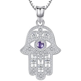 Aniu Necklaces for Women, Hamsa Hand of Fatima Silver Chain Women's 925, Hand of Evil Eyes Pendant with Cubic Zirconia, Gifts for Girlfriend, Mum and Birthday with 46 cm Chain, Sterling Silver, Cubic