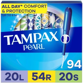 Tampax Pearl Tampons for Women Multipack, with LeakGuard Braid, Light/Regular/Super Absorbency, Unscented, 94 Count (2 Packs of 47)