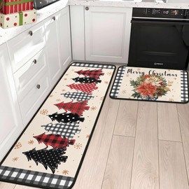 Christmas Kitchen Mats Set of 2, Christmas Decorations for Home Xmas Tree Holly Pine Branches Pinecones Winter Mat Xmas Decor Low-Profile Kitchen Rugs for Floor 17"X47"+17"X30" (Poinsettia)