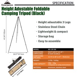 CAMPINGMOON Camping Campfire Tripod with Carrying Bag Portable Lightweight Aluminum 41.3-inch Height Stainless Steel Chain