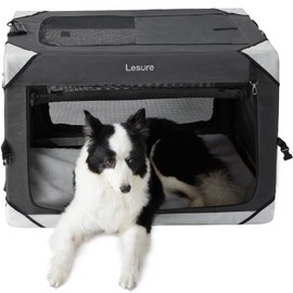Lesure Collapsible Dog Crate - Portable Travel Kennel for Large Dog, 4-Door Pet Crate with Mesh Windows, Indoor & Outdoor, Charcoal Gray