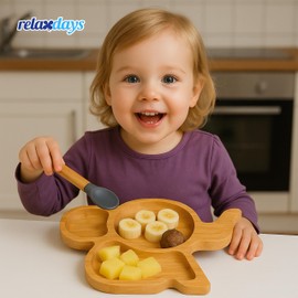 Relaxdays Children's Bamboo Plate, Suction Cup, BPA-Free, Non-Slip, Divided Baby Plate, Bamboo Plate, Elephant Design, Natural/Grey