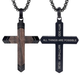 GTMJ Wooden Cross Necklace for Men With Bible Verse Matthew 19:26-Stainless Steel & Black Ebony Adjustable Box Chain 24-26in, Spiritual Jewelry Gift for Him, Everyday Wear