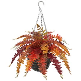 Hollyone Fall Hanging Baskets Small Artificial Fern Orange 21 Leaves Fall Hanging Decor Plant Boston Ferns Silk Plants with Black Rattan Baskets Outdoors Indoor Fake Fern Autumn Decorations for Home
