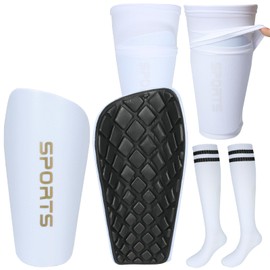 Adegari Soccer Shin Guards for Kids Youth, Protective Soccer Shin Pads & Sleeves with Optimized Insert Pocket & Long Soccer Socks for Children Teens Boys Girls- White S