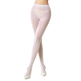 MANZI Women's Hollow Out Knitted Patterned Tights White Lace Fishnet Stockings Vertical Strips Pantyhose with High Waist (Heart,One Size)