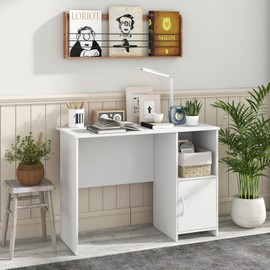 COSTWAY 42” White Home Office Desk, Modern Computer Workstation with Open Compartment & Cabinet, Compact Writing Desk with Cable Holes for Bedroom, Study Room, Dorm