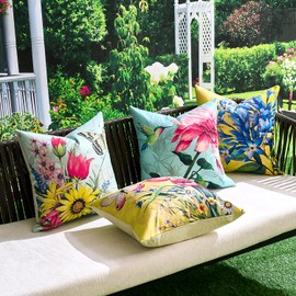 Cushion Cover Spring Flowers Outdoor Cushion Sofa Cushion Decorative Cushion Covers 45 x 45 cm Waterproof Linen Summer Butterfly Farmhouse Cushion Cover for Sofa Couch Garden Balcony Set of 4