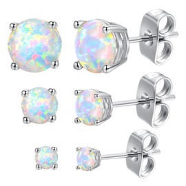 GEMSME 18K White Gold Plated 3/5/7mm Round Opal Stud Earrings Pack of 3