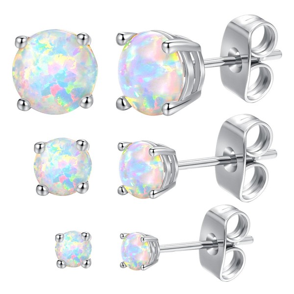 GEMSME 18K White Gold Plated 3/5/7mm Round Opal Stud Earrings