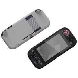 eXtremeRate PlayVital Switch Lite Compatible Protective Shell (Patterned Style), Switch Lite Compatible Hard Shell Cover, Protective Shell & Glass Film & Thumb Stick Grip Cap & Button Cap [NES Style