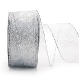 ALTIER 2.5 Inch x 40 Yards Silver Metallic Wired Ribbon for Christmas Home Decoration Gift Wrapping Bow Making Wreath DIY Crafts