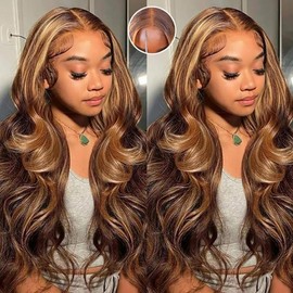 Wiggins Hair Honey Blonde Highlight 7x5 Lace Closure Wig Body Wave Wig With Pre Plucked Pre Cut Glueless Wigs 4 27 Highlight Ready to Wear Human Hair - Hair Length: 16 Inch