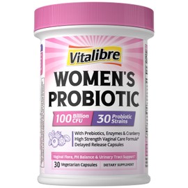 Vitalibre Probiotics for Women 30 Strains, 100 Billion CFU Vaginal Probiotics with Digestive Enzymes, Prebiotics & Cranberry for Urinary Tract Health, pH Balance, 30 Veggie Capsules