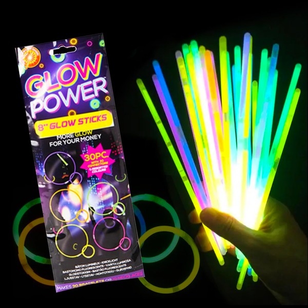 30 Piece Set of Glow Sticks - Assorted Brightly Coloured Party Sticks for Adults and Children, Neon UV Accessories, 20.3cm / 8", Glow in the Dark Lights, Party Games (30 Pieces, 8'' Glow Sticks)
