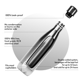 Stainless Steel Water Bottle 500ml - Otto Koning - Double-Walled Vacuum Insulated Thermos Flask. Keeps Cold Drinks 24 Hours and Hot Drinks 12 Hours. Leak-proof Thermos Flask, BPA-Free