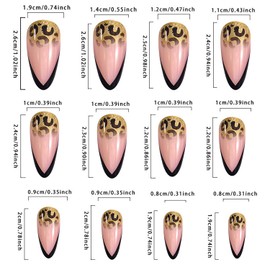 Almond Tip False Nails - Press On, Medium Black French, Leopard, Glossy, Reusable, 24Pcs