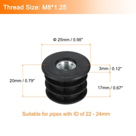 QUARKZMAN Pack of 10 black inserts for round pipes with M8 thread, for 25 mm / 0.98 inch pipe outer diameter, threaded bushings plastic, for furniture legs, castors, chair leg end caps