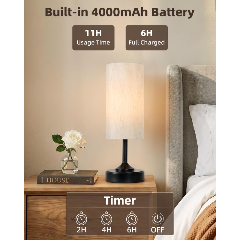 EZVALO Cordless Table Lamp, Ambient Light, Dimmable, Touch, Timer, 2700K,