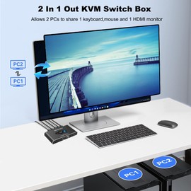 Hxwlo KVM Switch HDMI 1 Monitors 2 Computers, USB KVM Switches for 2 Computers Share 1 Keyboard Mouse and 1 Monitor, USB Switch 2 Computers Support 4K@60Hz, HDMI Switch Keyboard Mouse Switch
