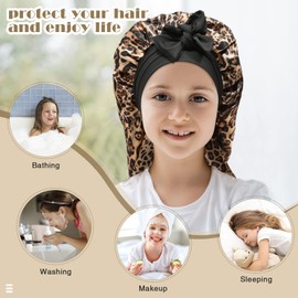Monopa Kids Long Hair Bonnet for Sleeping - Double Layer Girls Elastic Satin Bonnet with Tie Band for Braid Curly Hair (Leopard+Black)