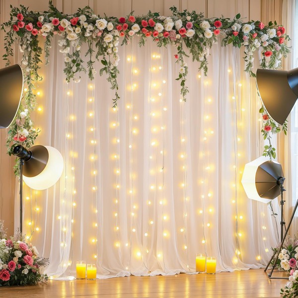 10x10FT White Wrinkle Free Backdrop Curtains with Lights String for