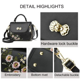 liuzhijiao Women Flip up Embroidered Satchel Lightweight Small Totes Top Handle Purses and Handbag Crossbody Shoulderbag for Lady,Black