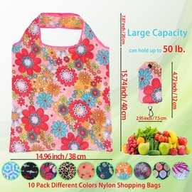 10 Pack Reusable Grocery Bags, Large 50LBS Cute Foldable Reusable Grocery Nylon Shopping Tote Bags, Machine Washable Durable (Nylon colourful)