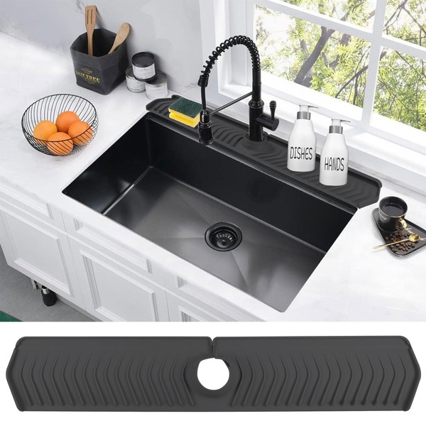 30 inch Kitchen Splash Guard for Sink, Silicone Kitchen Sink Faucet Mat, Sink Splash Guard Behind Faucet, Drip Protector Splash Countertop, Faucet Handle Drip Catcher Tray for Kitchen, Bathroom(Black)