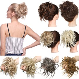 Tousled Updo Hair Extensions, Messy Bun Hairpiece, Hair Ties, Wavy Elastic Band, Chignon Instant Ponytail Hairpiece for Women, Dark Brown