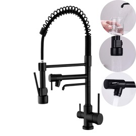 Avola Brass Kitchen Faucet with Drinking Water Faucet,3 in 1 Pull Down Sprayer Kitchen Faucet, Spring Faucet in Matte Black